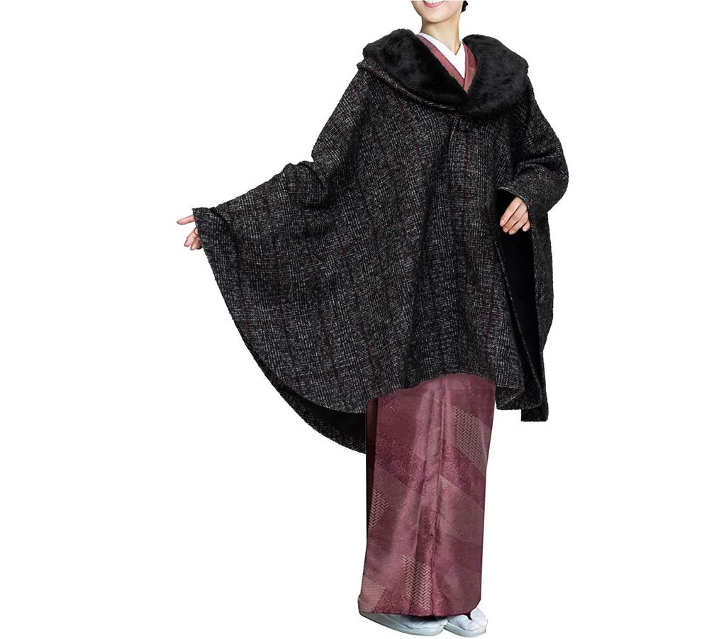 Японский стиль, мочалка, шерстяная смесь, новое [KYOETSU] пальто, накидка, пончо, воротник, 21, материал, женский (М, проверка)