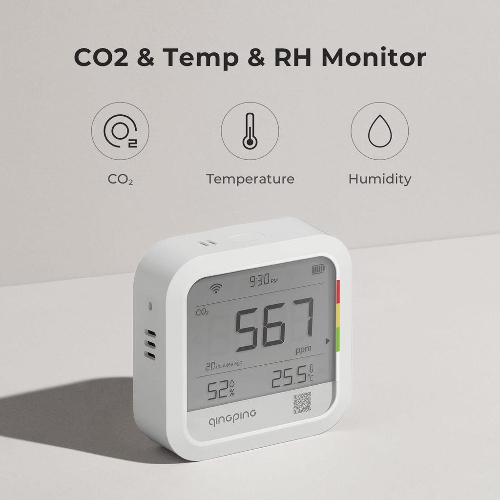 Qingping CO2 and Meter Carbon Dioxide Concentration Meter Measurement NDIR Method CO2 Meter Connection Remote Monitoring Alarm USB Rechargeable Large