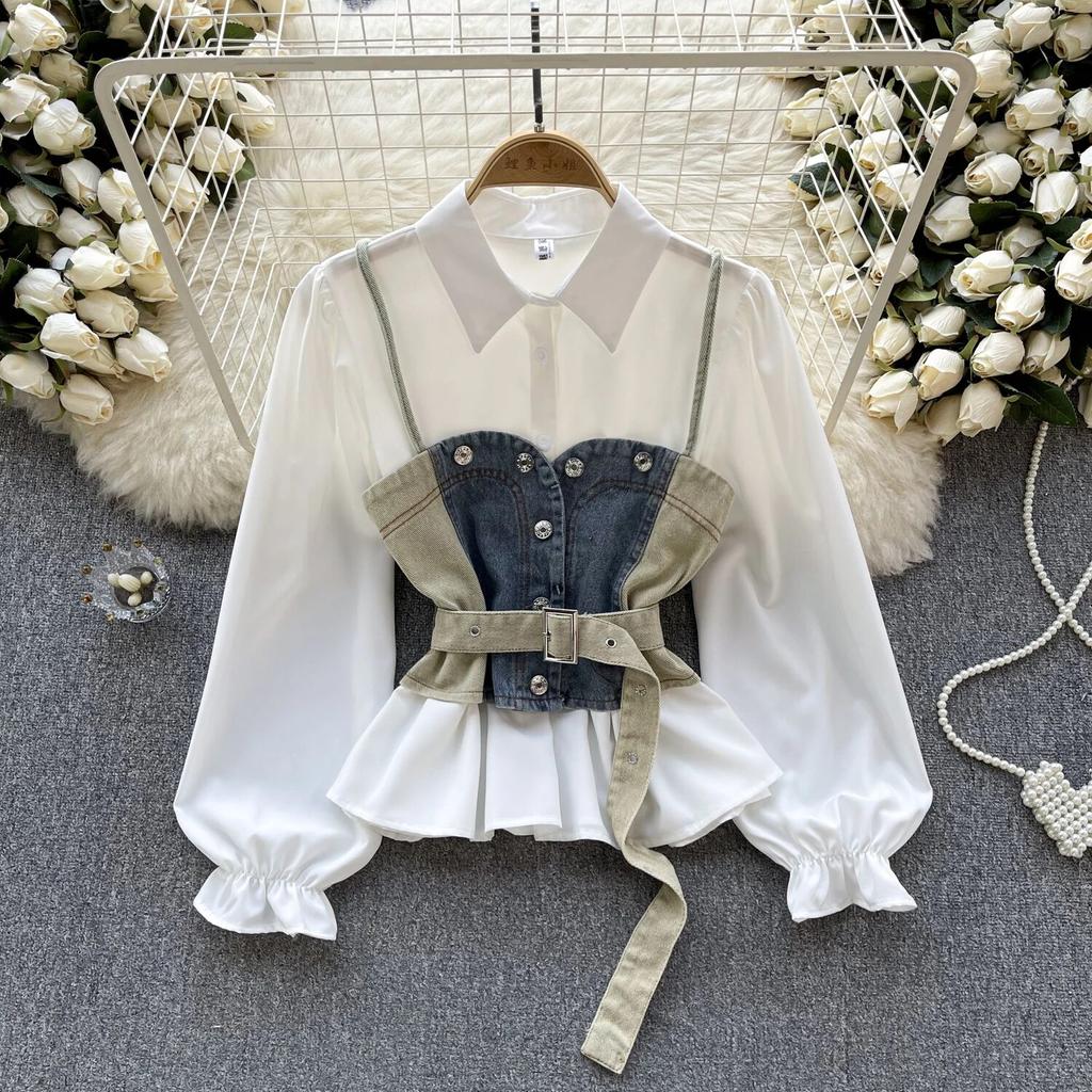 Korean Series Wear Age-Reducing Set Retro Denim Cami Stacked All-Matching Puff Sleeve Shirts Two-piece Set Top