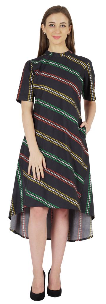 Phagun Printed Cotton Dress W Pockets Mandarin Collar Asymmetrical Knee Length Dress For