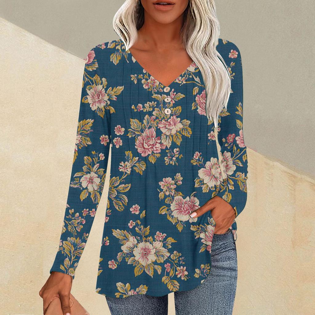 Женская модная повседневная плиссированная футболка с V-образным вырезом и растительным принтом, длинный рукав