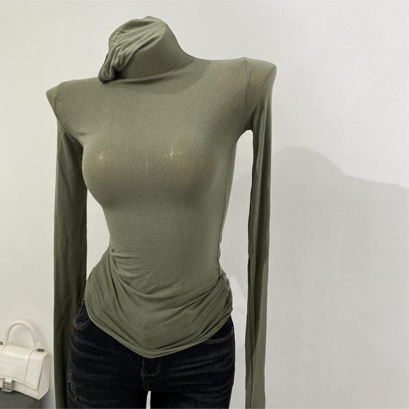 Sleeve Thin Soft American Long Tshirt High Stacked Neck Tight Perspective Bottom Shirt Womens Slim Fit Tops Sexy Streetwear