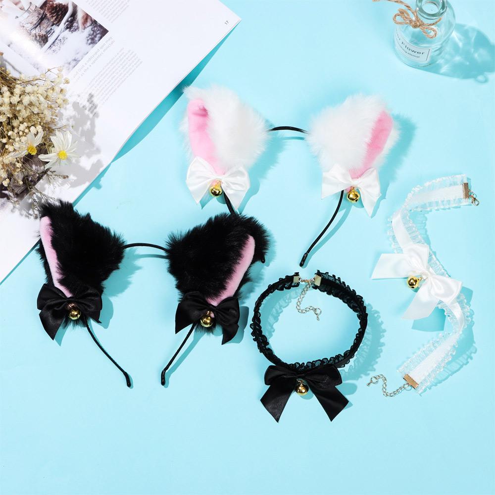 2 Pcs Plush Bells Necklace With Bells Headwear Make Up Cat Ear Headband  Women Girls