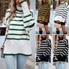 Women Fall Winter Casual Striped Lantern Sleeve Turtleneck Knit Sweater Loose Tops S-XL