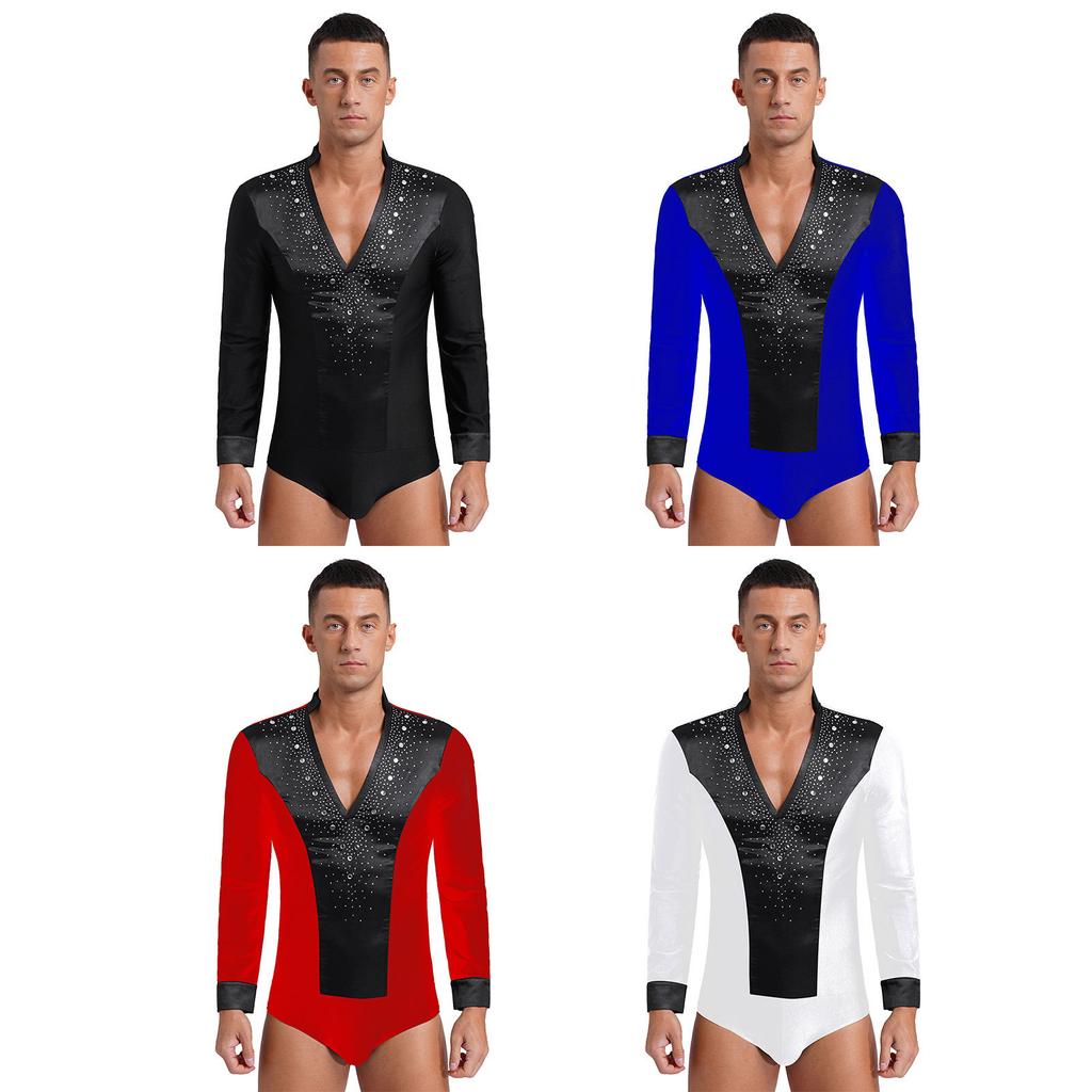 Mens Dance Leotard Glittery Rhinestones V Neck Design Long Sleeve Satin Patchwork Bodysuit