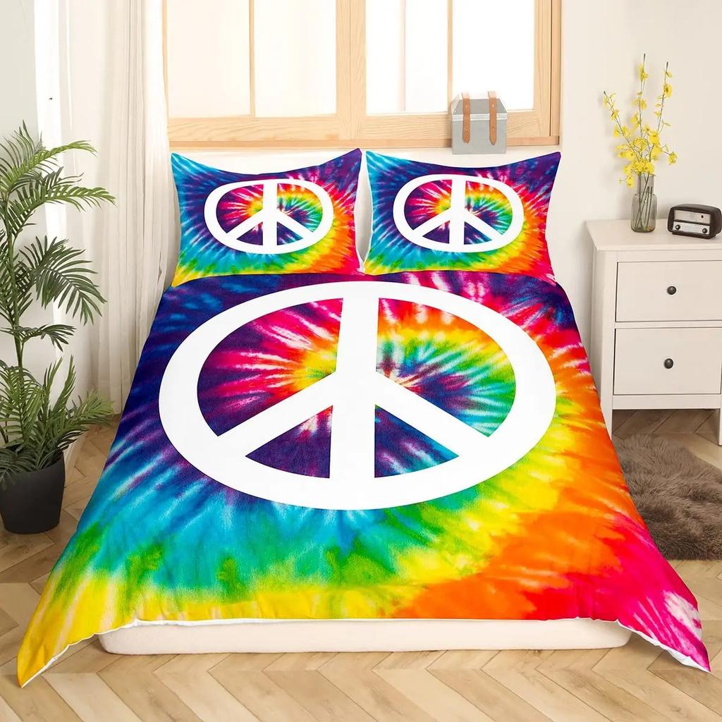 Boho Hippie Psychedelic Flowers Duvet Cover Colorful Peace Sign Bedding for Boys Girls Women Bedroom Decorative Rainbow Tie Dye