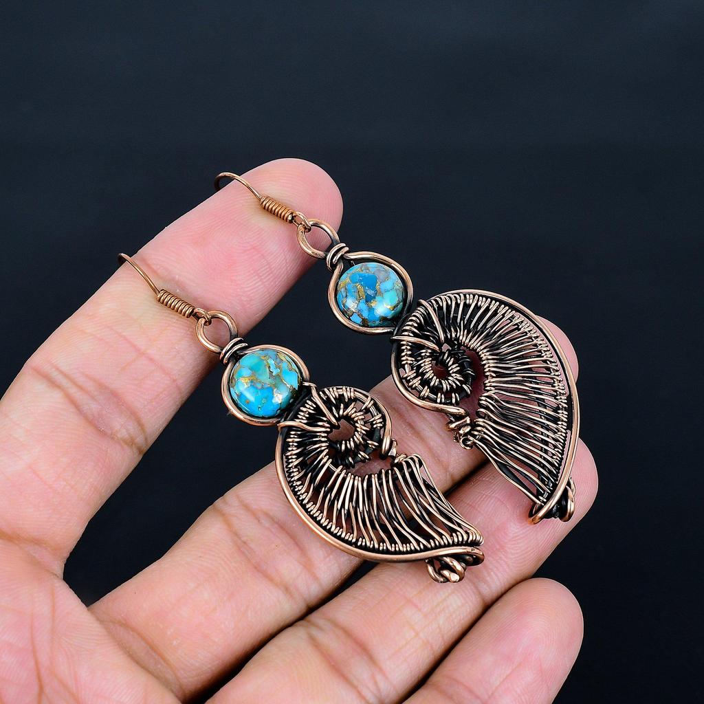 Blue Copper Turquoise Handmade Gemstone Earrings, 999 Copper Wire Wrapped Earrings Antique Jewelry, For Engagement Gift