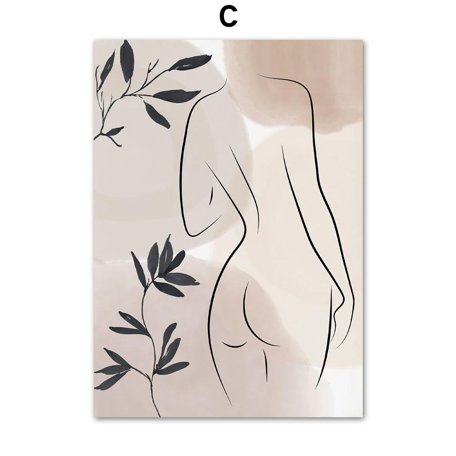 Ваза в стиле бохо с листьями и женскими линиями, геометрические абстрактные постеры и принты, картины на холсте, скандинавские настенные картины, декор гостиной