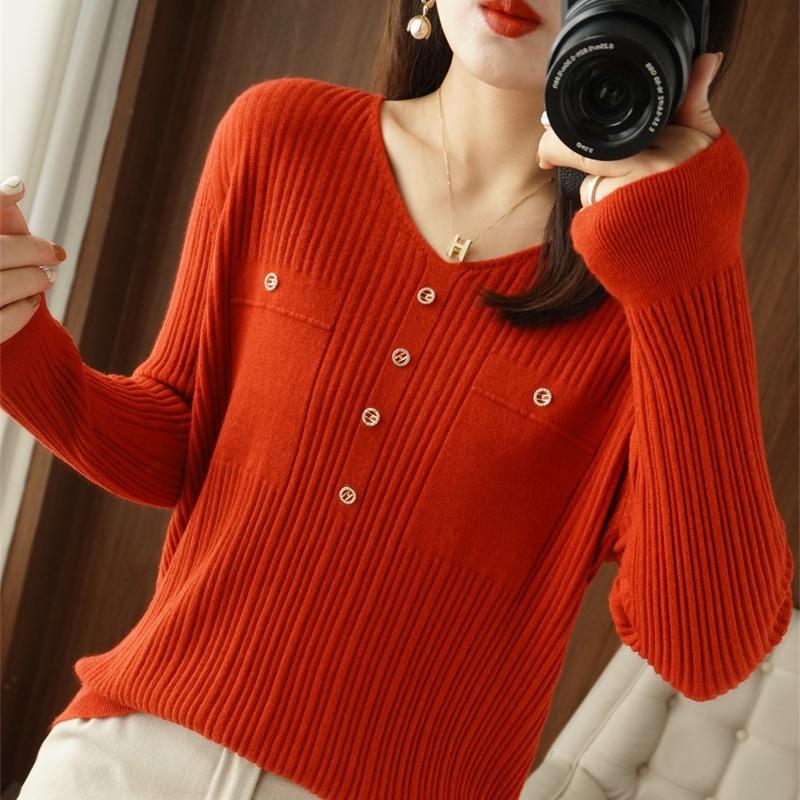 Women V Neck Long Sleeve Basic Knit Pullover Sweater