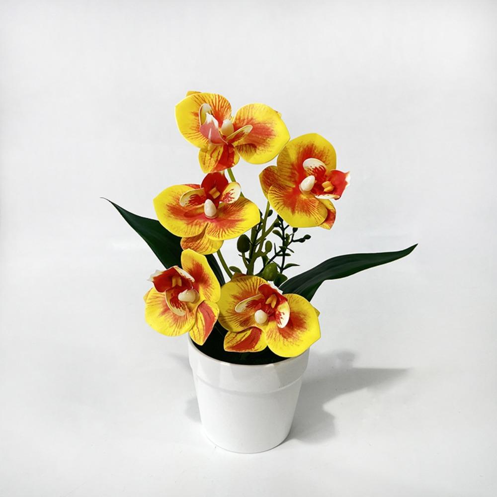 5 Blooms Artificial Orchid Arrangement Realistic Potted Flower Display Table Centerpiece