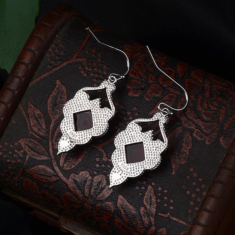 Zhenrong Retro Ruby & Zircon Square Earrings - European & American Style S925 Thai Silver Plated