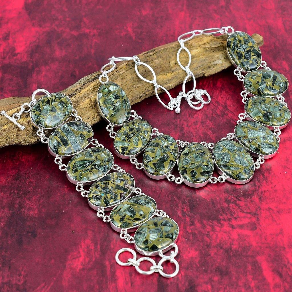 Copper Seraphinite Gemstone Jewelry, 925 Solid Sterling Silver Necklace & Bracelet Jewelry Set, Handmade Chain Jewelry Set Gift For Girl