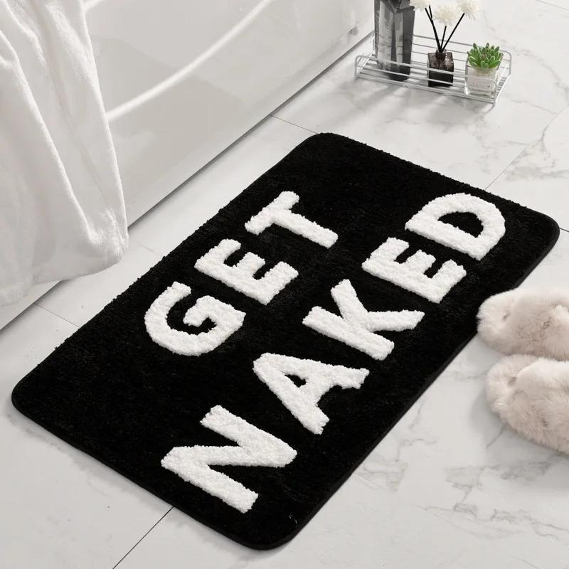Minimalist Black-and-White Alphabet Print Bath Mat Quick-Drying Non-Slip Bathroom Rug Adds Fun Font Decor