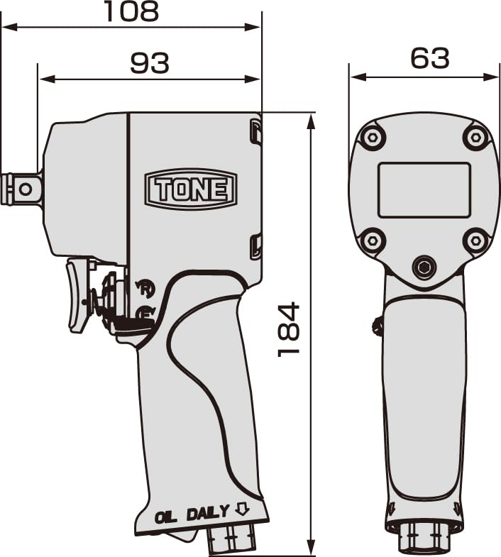 Воздушный ударный гайковерт TONE Carbon AI4201CB Угол привода по часовой стрелке против часовой стрелки (Короткий тип/черная ручка) 12.7mm (1/2") 610Н·м 700Н·м