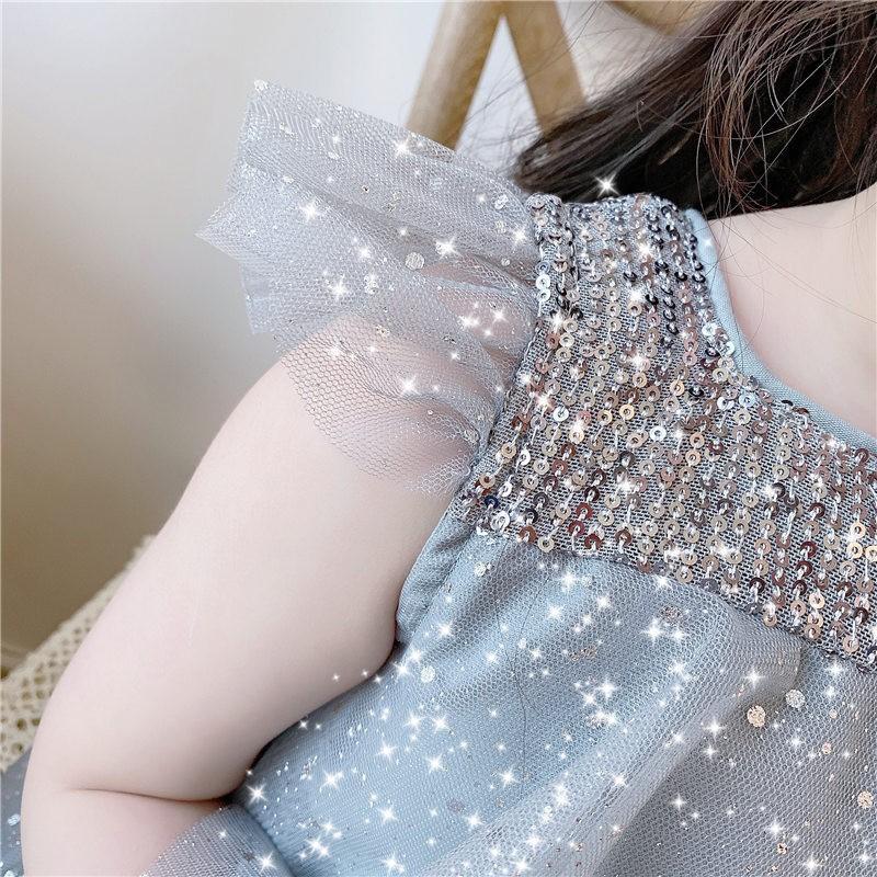 Модное платье для девочек, летнее детское платье принцессы с пайетками и сеткой из марли