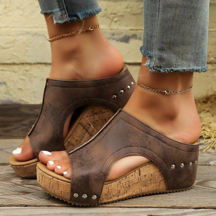 Slope Heel Cool Slippers Popular Summer New Round Head Platform Roman Sandals Women's Large Size Foreign Trade Fish Mouth Muffin Slippers