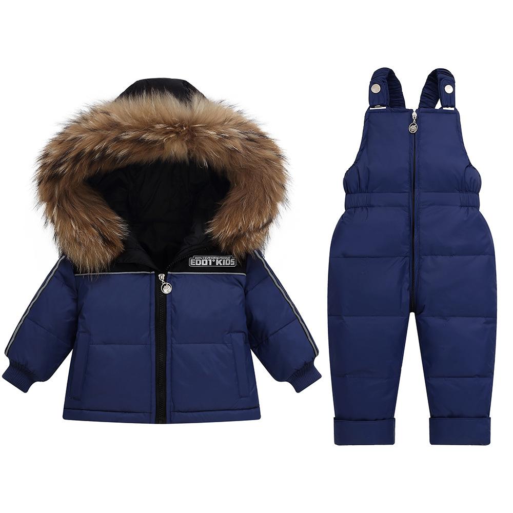 Baby Down Jacket with Real Raccoon Fur Collar, Thickened Coat, Cold-proof Suit, Detachable Crotch Overalls