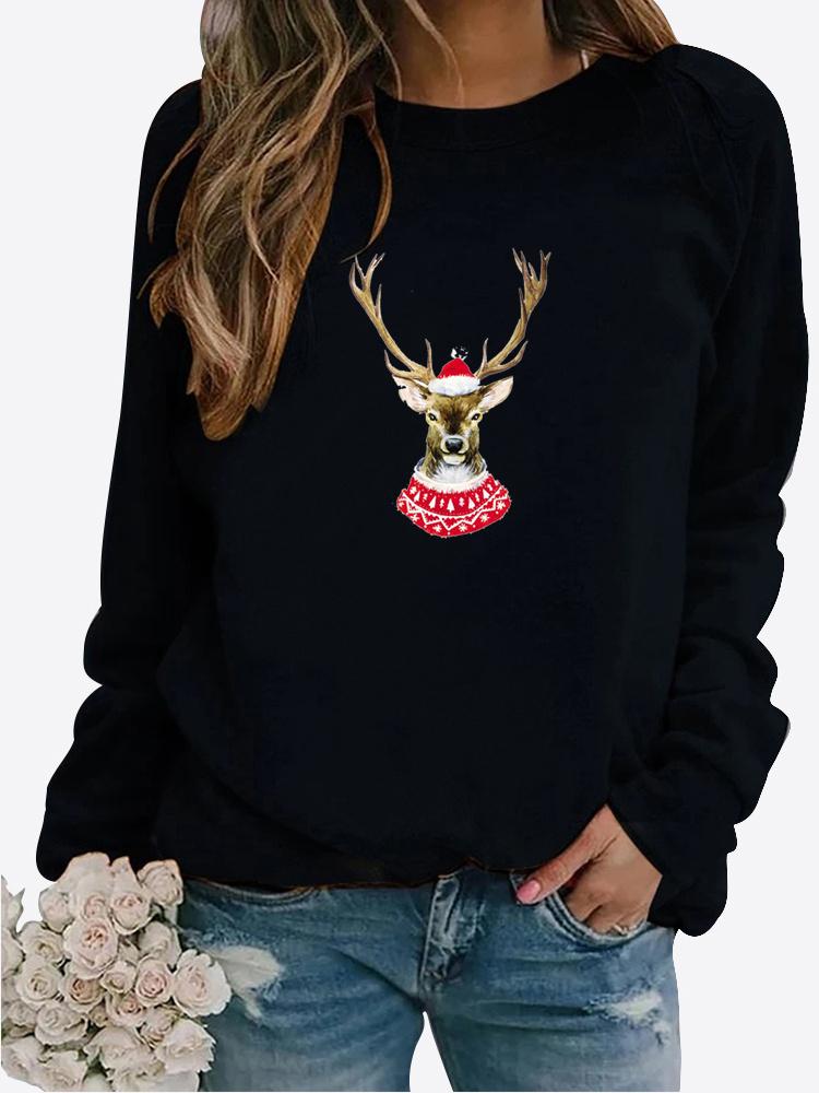 Зимняя женская повседневная толстовка с длинными рукавами и принтом Санта-Клауса, женская свободная футболка с круглым вырезом, топы больших размеров, свитер с длинными рукавами