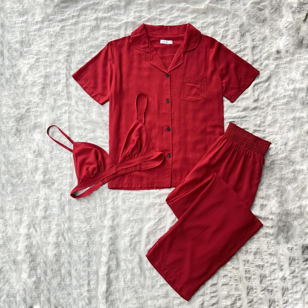 Women’s Sleeping Suits Rayon Pajamas 3 Pieces Set Short Sleeves Button Top Long Pants Comfy Bra Spring Summer Home Wear Lounge Suit Nightwear