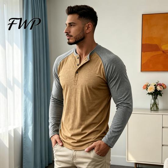 Mens Slim Fit Shirts Men Raglan Shirt, Color Block Long Sleeve T-Shirt, Button Neck Casual Tops Vintage Basic Tee Top for Gym Street Daily Wear