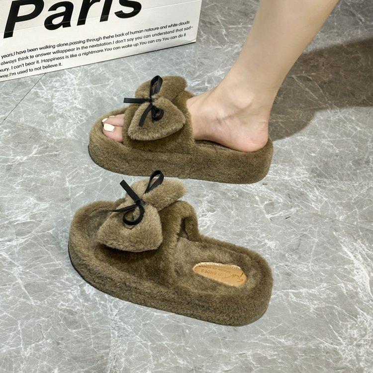 Модные весенне-осенние толстые тапочки с бантом и мохнатыми тапочками для женщин, зимняя новая мягкая теплая хлопковая обувь