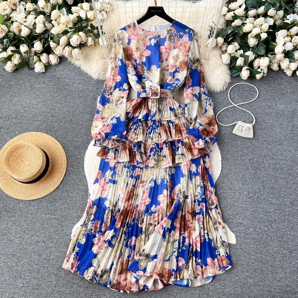 Новое осеннее элегантное женское платье с круглым вырезом и принтом в стиле пэчворк, складками и оборками, с длинными рукавами и высокой талией