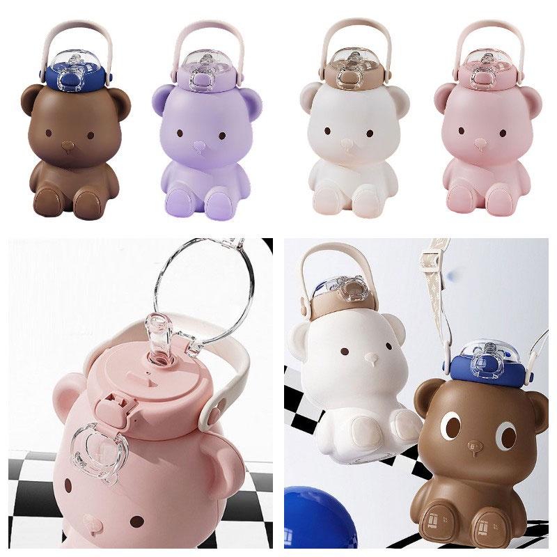 Милая бутылка для воды в виде медведя со ремешком и ручкой, большая емкость, откидная крышка, идеально подходит для девочек и студентов