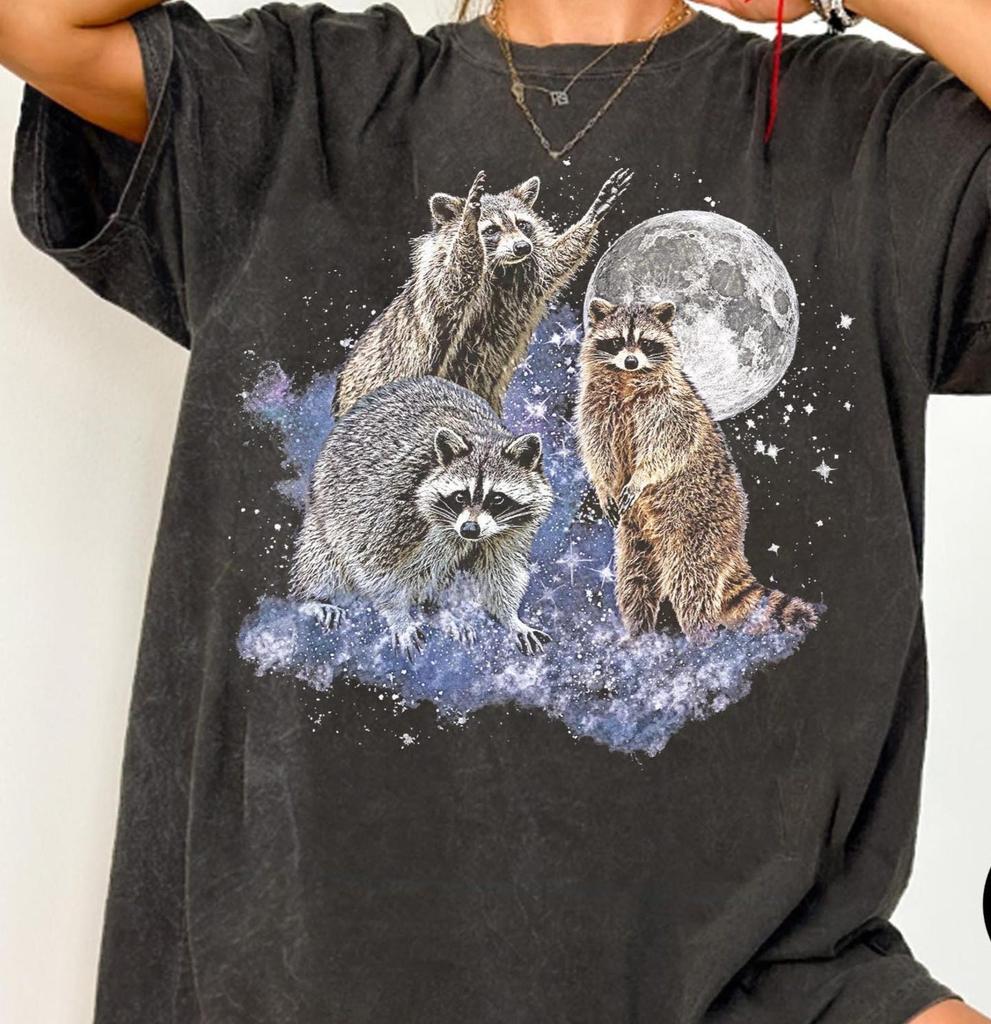 Three Raccoons Retro Graphic T-Shirts, Vintage Comfort Colors® Raccoon Moon T-Shirt, Raccoon Lovers, Funny Raccon Tee, Oversized Washed Tee