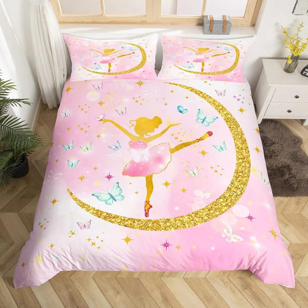 Ballet Girl Duvet Cover Set King Size Pink Lovely Little Ballerinas Bedding Set Kids Girls Princess Soft Polyester Quilt Cover