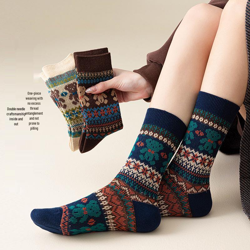 Женские носки из гребенного хлопка до середины икры с двойной иглой - Милый и ретро стиль Мори для осени/зимы