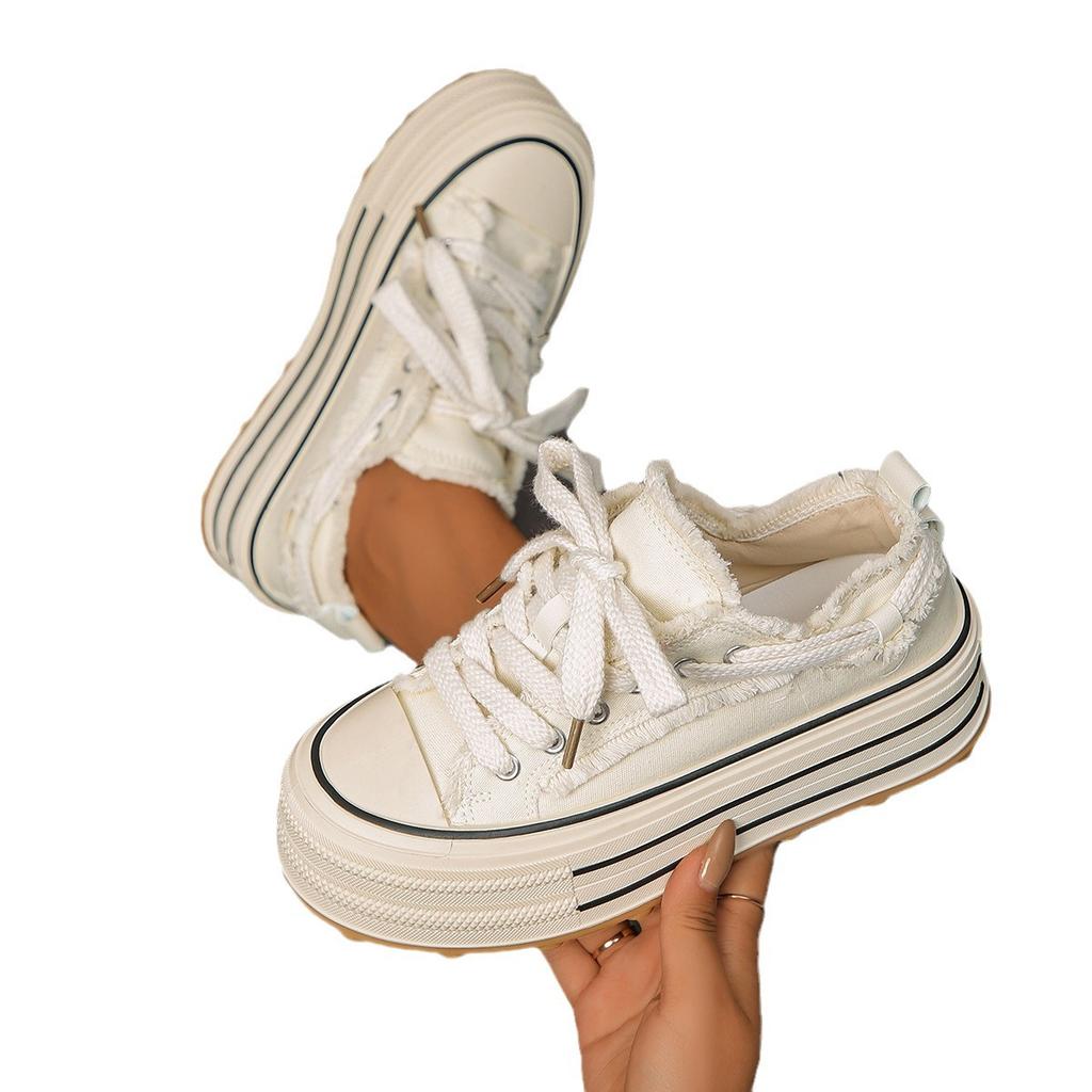 Fashion Sneakers Thick-soled Canvas Shoes Women's Height-enhancing White Shoes Student Platform Cake 2024 Autumn