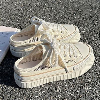 Маленькие белые туфли, парусиновые туфли-полусабо, женские туфли из дышащей сетки для ношения с юбками, универсальные и сверхлегкие, с ремешками на одной педали.