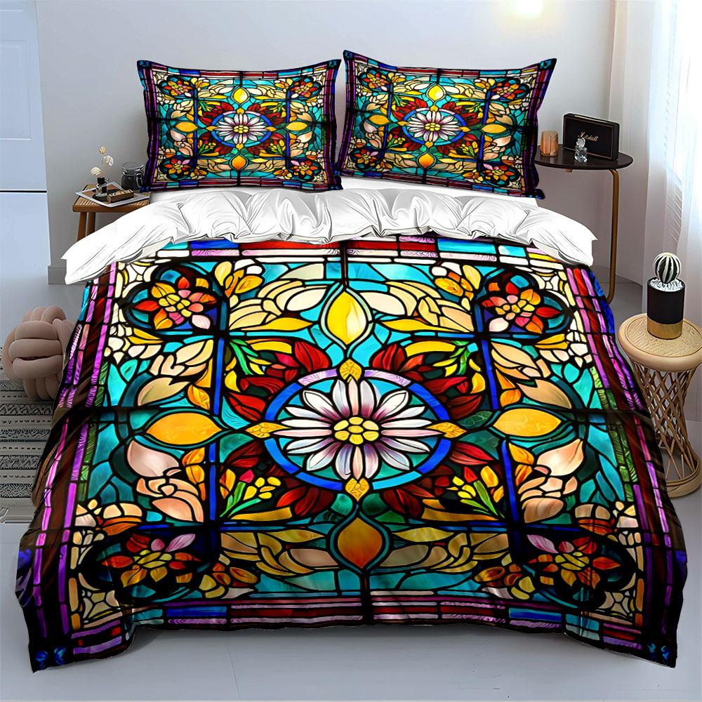 Floral Stained Glass Pattern Bedding Duvet Cover Set Duvet Cover Pillowcases (1*Duvet Cover 2*Pillowcases, without duvet insert)