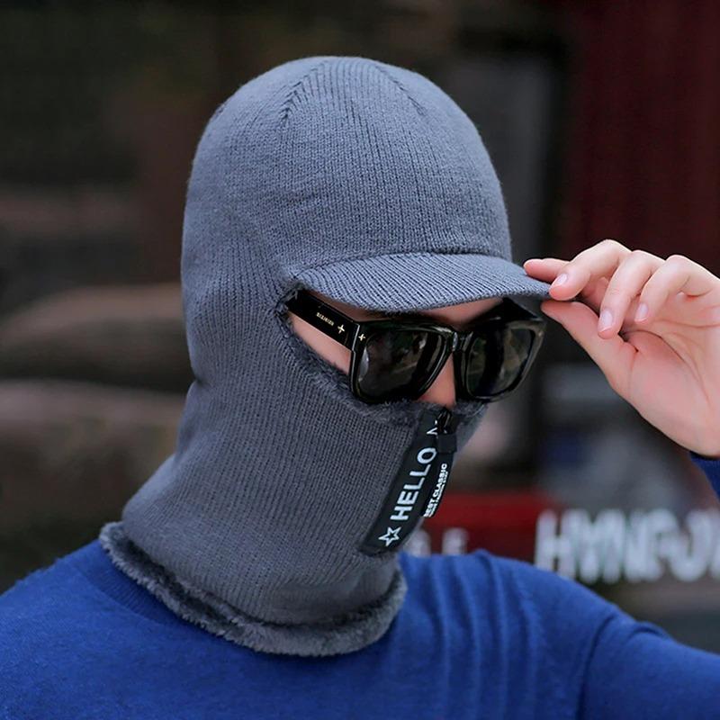 Solid Color Knitted Hooded Hat for Unisex Neck Guard Zipper Scarf Beanie Warm Autumn Winter Headwear Face Cover Thermal Cap
