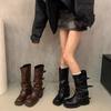Vintage Women Western Knee High Boots Fashion Belt Buckle Shoes Autumn Winter Laides Concise Mid Calf Botas De Mujer