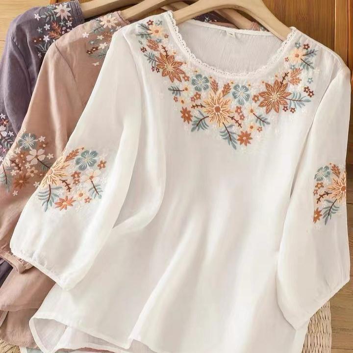 Женские летние топы из хлопка и льна с цветочной вышивкой, ретро, свободная футболка с круглым вырезом для женщин