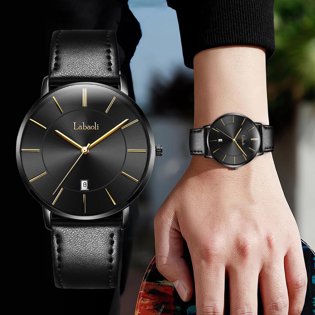 Простые модные повседневные деловые часы с японским кварцевым механизмом, циферблатом 40 мм, ремешком из натуральной кожи, унисекс, черные, мужские, ультратонкие, 6,5 мм (Черный + +