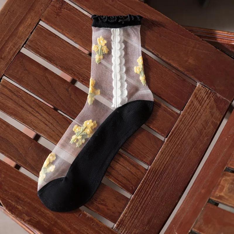 Lolita Kawaii Ruffle Socks Women Ultra-thin Transparent Summer Crystal Silk Socks Floral Embroidery Girls Cute Nylon Long Socks