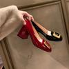 Sheepskin Version~ Grape Mother Same Miu French Commuter Round Head Patent Leather Square Buckle Light Mouth Thick Heel High Heel Single Shoes Women