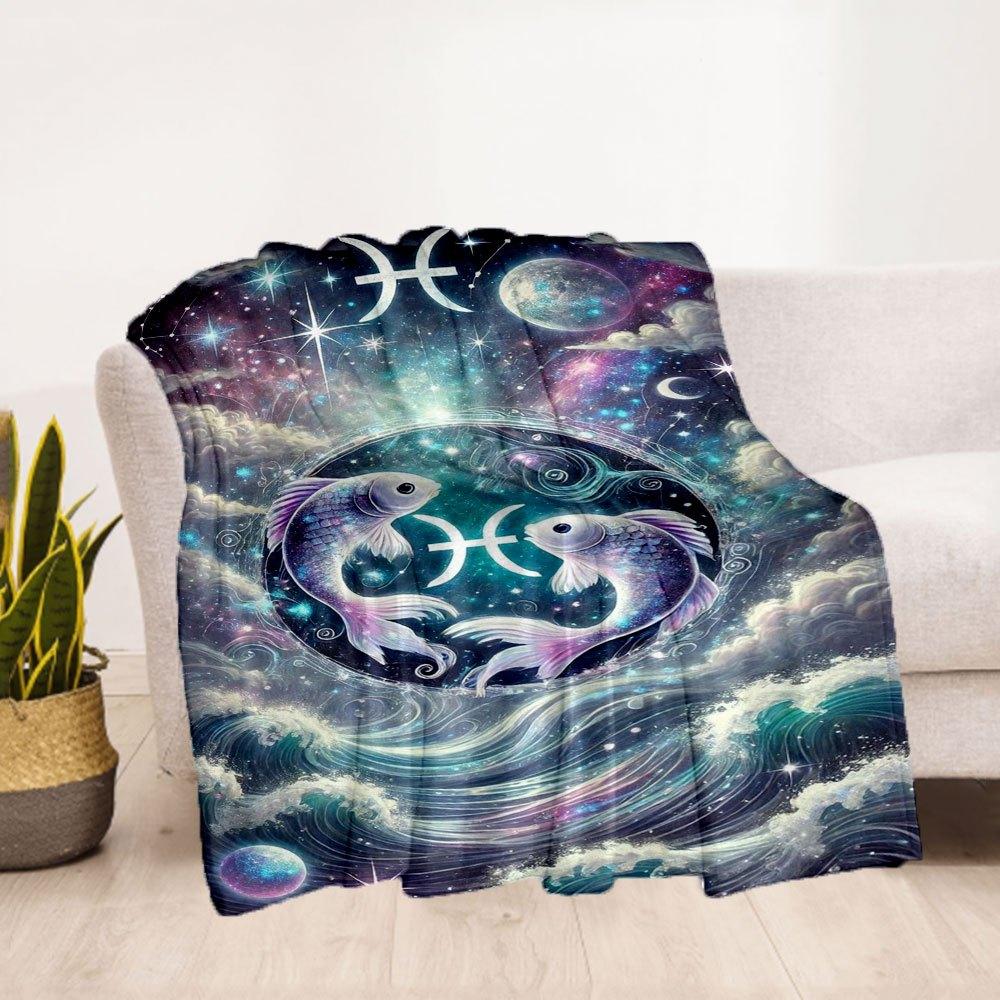 "Zodiac Pisces Art Print - Celestial Fish Wall Decor"Blanket Flannel Throw Blanket for Sofa, Bed, Travel, Camping, Office, Couch, Chair, And