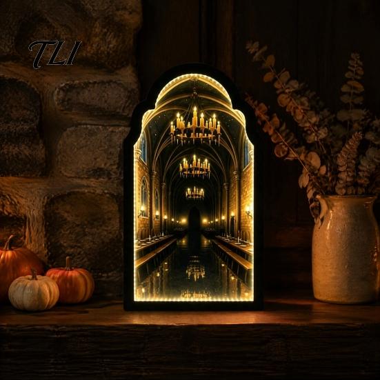 Lighted Wall Decor Light Up Ghost Mirror, Arched Wooden Frame Ghost/Grim Reaper Halloween Creepy Desktop Mirror Soft Ambient Decorative for