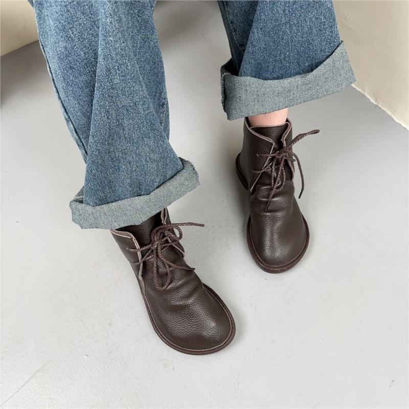 Johnature Женские короткие сапоги из натуральной кожи в стиле ретро, мягкие туфли на шнуровке из воловьей кожи, однотонные ботинки с круглым носком