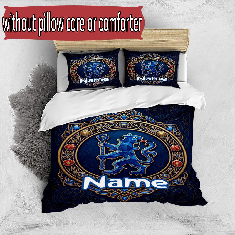 3pcs Duvet Cover Set (1*Duvet Cover + 2*Pillowcase, Without Core), Custom Name Chelsea Football Club Pattern Bedding Set, Home Bedroom Decor Gift