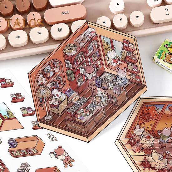 4 Set 3D DIY House Scene Stickers Stress Relief Decals Supermarket Coffee Shop Bookstore Sun Room Library Tear-resistant Surface Stickers