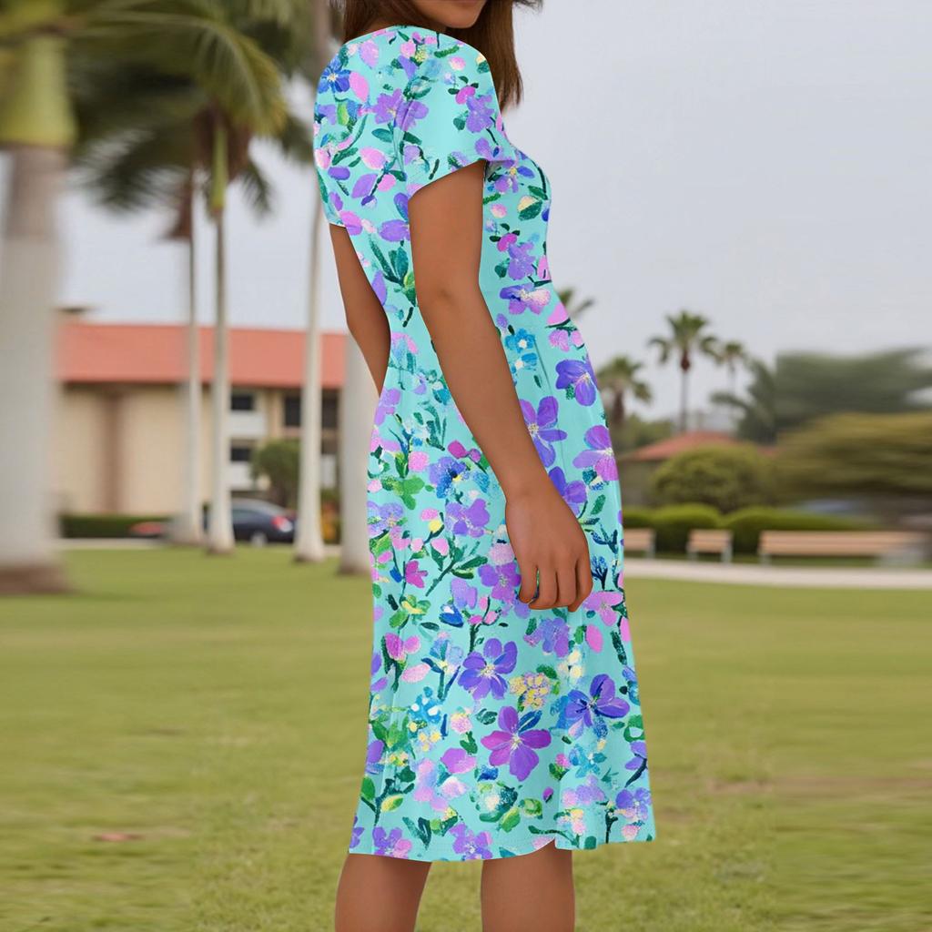 Ladies Summer Fashion Casual Floral Print V-Neck Short Sleeve Pocket Dress