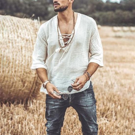 Мужская повседневная хлопково-льняная рубашка с полурукавом, V-образным вырезом и шнуровкой, футболки в богемном винтажном пляжном летнем стиле