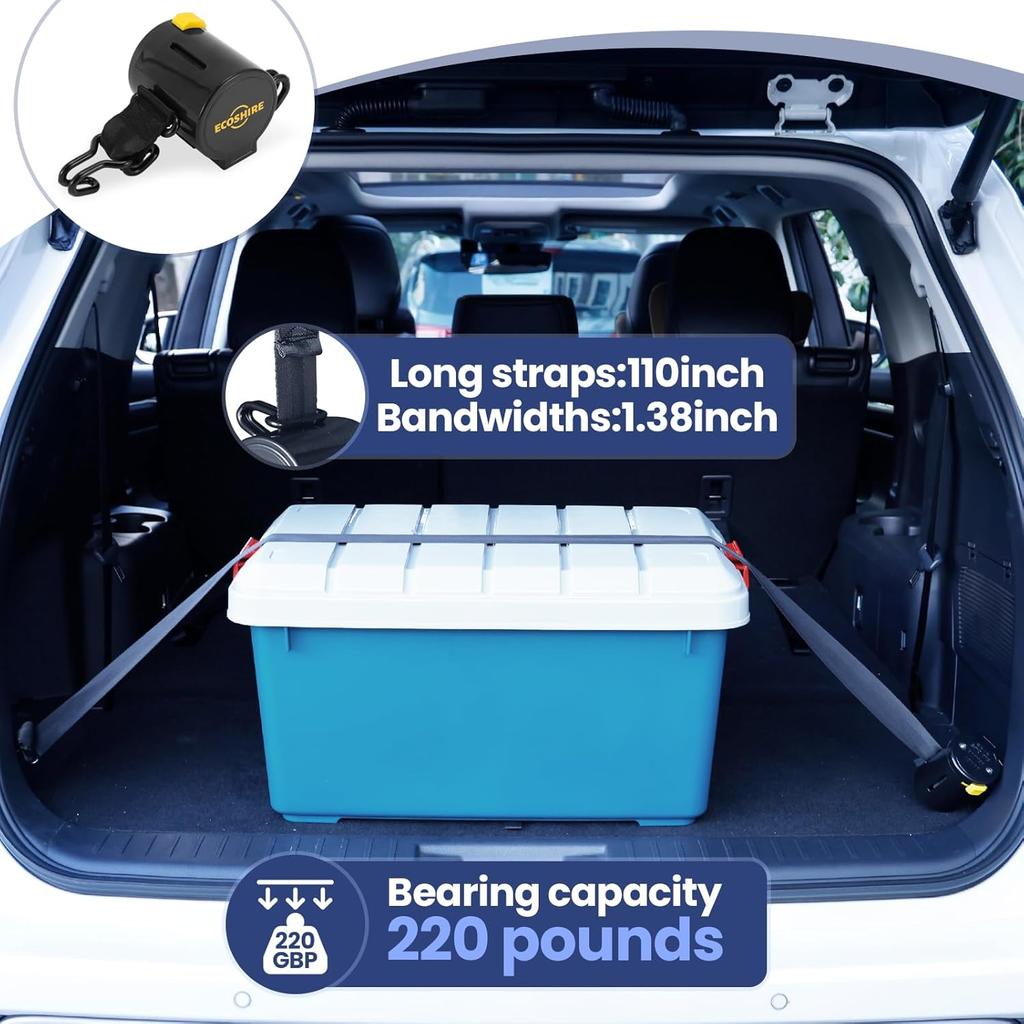 Cargo Straps For Car Trunk – Self-Retracting Tie-Down Straps – 2-Point Ratchet Tie-Down Straps With Hooks – Heavy-Duty Car Straps For Cargo
