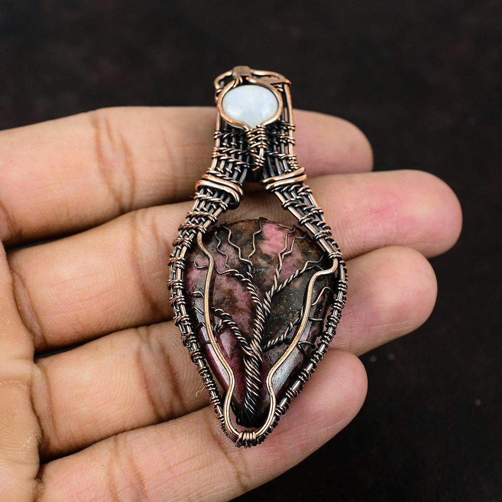 Древо Жизни Подвеска с Драгоценным Камнем Родонит Медная Проволока Обернутая Подвеска Радуга Ювелирные Изделия Лунного Камня Ручной Работы Женские Ювелирные Изделия Родонит Подарок Для Нее