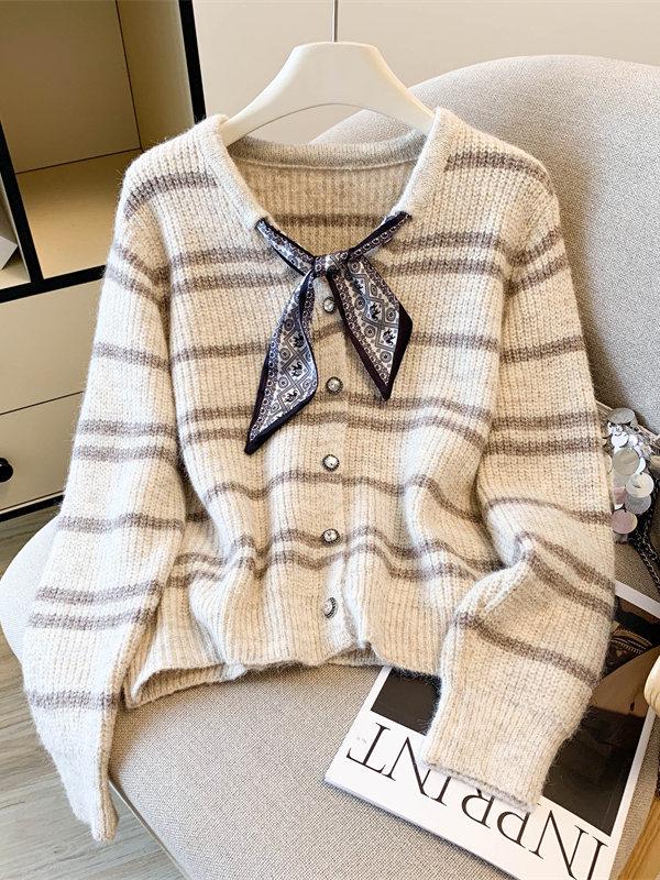 Autumn/Winter 2026 Women's V-neck Striped Knit Cardigan: Loose Yet Slimming Long Sleeve Sweater