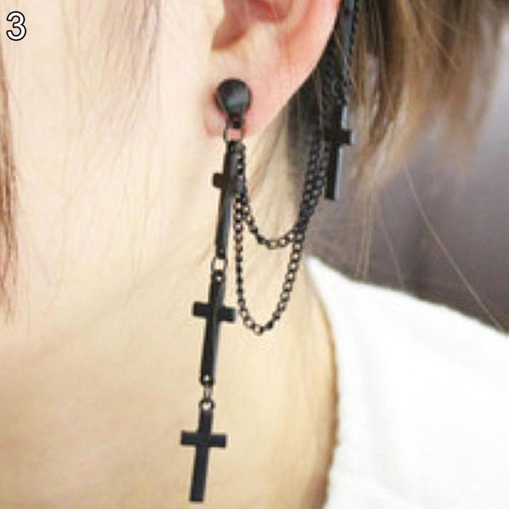 Gothic Punk Cross Long Tassel Chain Ear Cuff Stud Clip Earrings Fashion Jewelry ARI